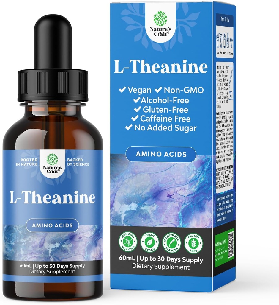 Natures Craft High Absorption L-Theanine Liquid Drops - Suplemento Nootropic Focus con L Theanine 200mg Por Serving and Chamomile Extract - Suplemento para adultos y niños Relax y Focus - 2oz