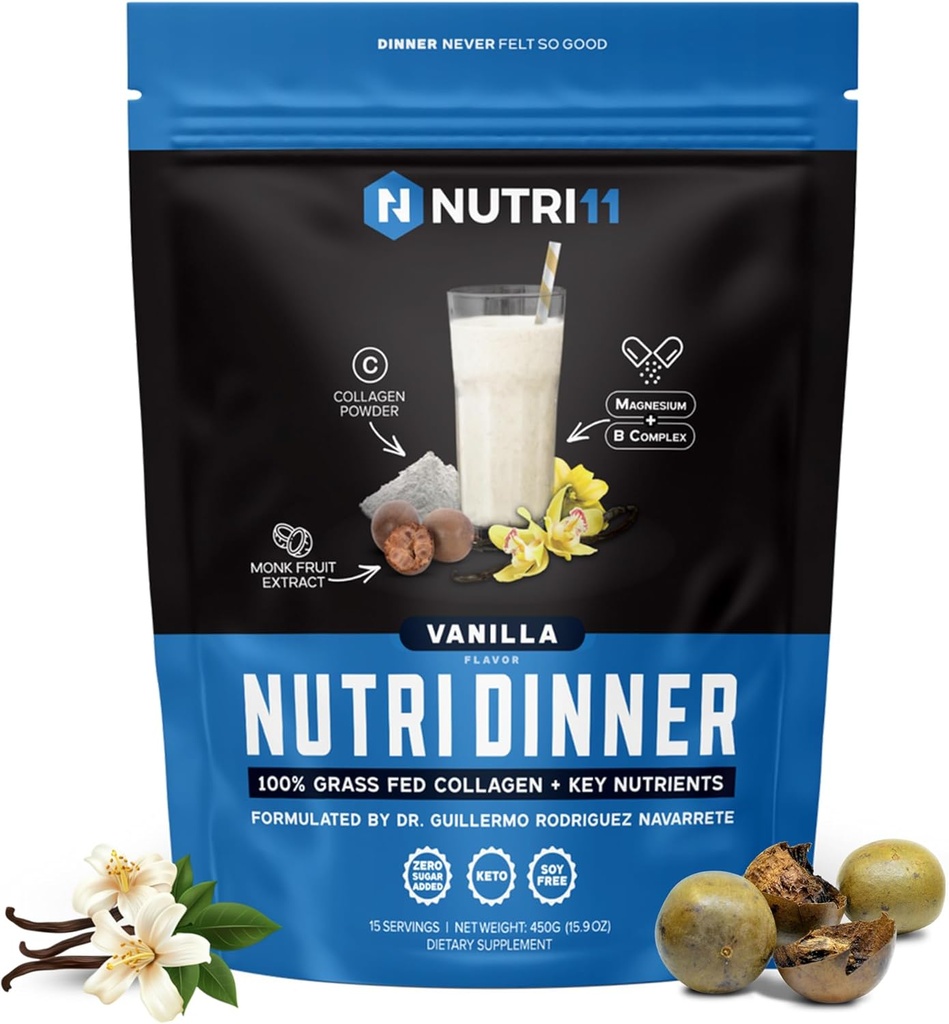 NutriDinner por Nutrillermo  Grass-Fed Collagen Protein Powder Silencio Collagen with Magnesium B-Vitamins ← Collagen Supplement for Sleep and Recovery (14,9, Vanilla)