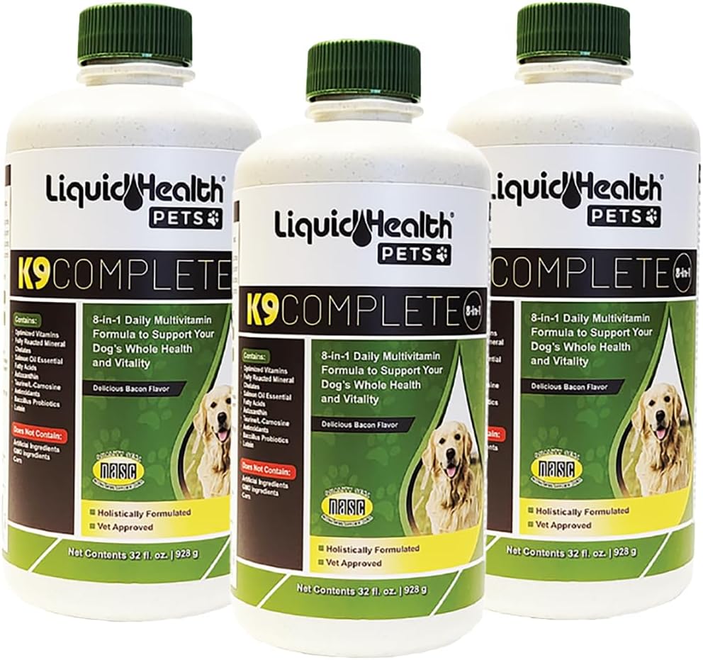 LIQUIDHEALTH Pets K9 Complete 8-in-1 Liquid Multivitamin for Adult Senior Dogs & Puppies, All in One Complete Formula Canine Vitamins for Skin &amp; Coat, Joint Health, Immune Support - USA Made (3 Pack)