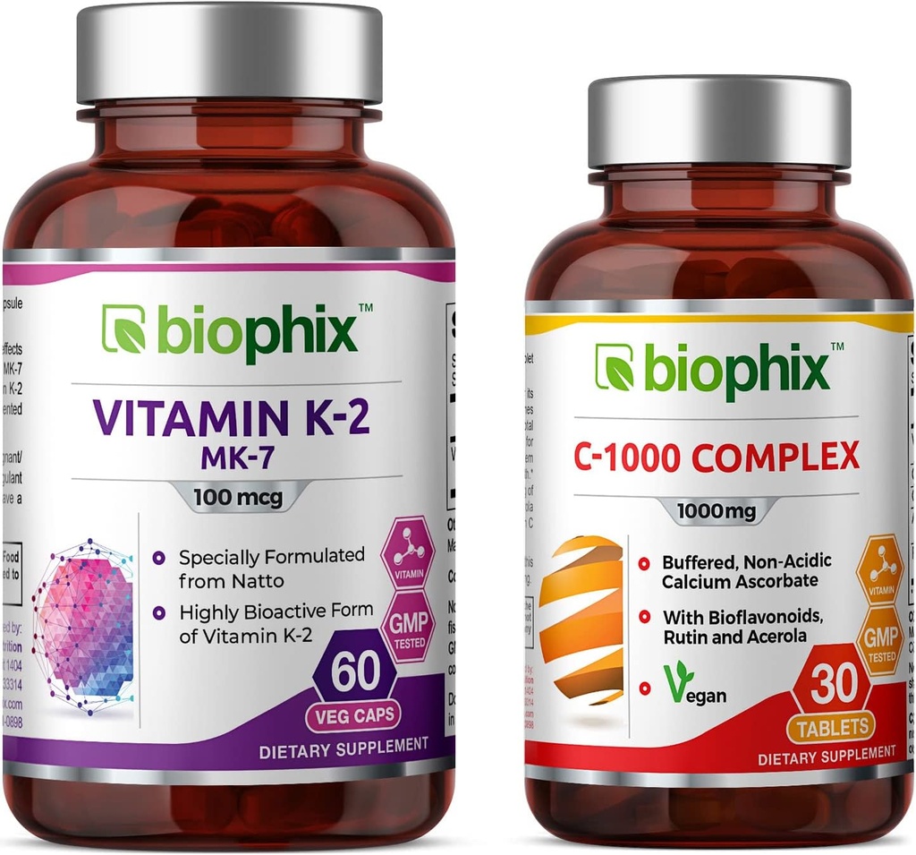 biofix Vitamina K2 MK-7-100 mcg 60 - Vitamina libre C-1000 30 Tabletas - Apoya Huesos fuertes Salud Inmune