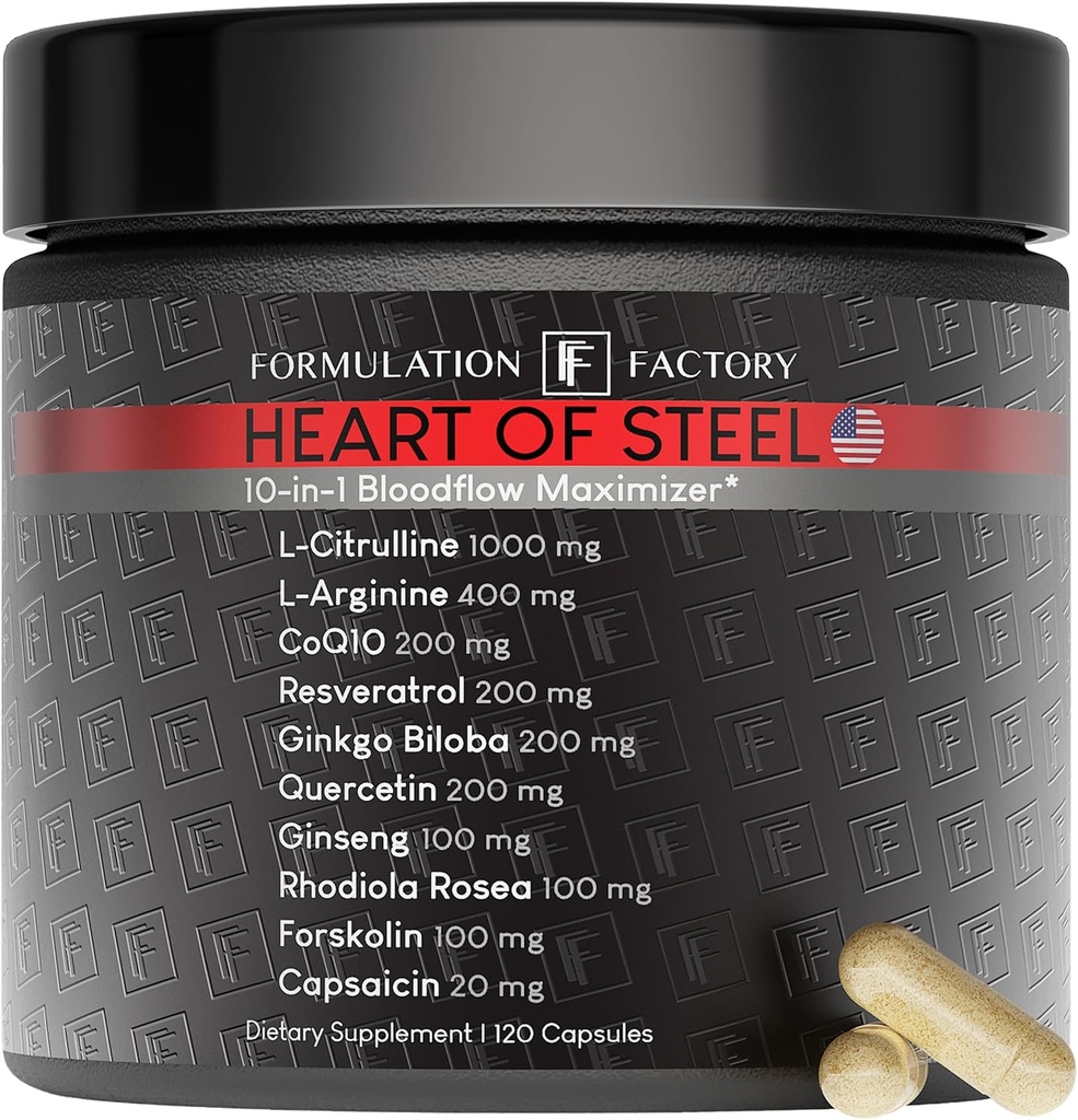 Fórmula Corazón de acero: 10-en-1 Maximizador metabólico Nitric Oxide Suplemento, Apoyo a la Presión de la Sangre, L Arginine, L Citrulline Natural Pre-Workout: Energy Management 120 Conde