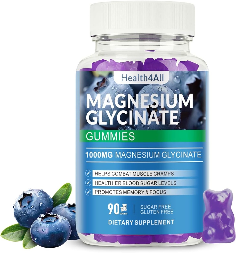 Magnesium Glycinate Gummies 1000mg, High Absorption Sugar Suplemento de Potasio Libre de Magnesio para la Relajación, Rescate al Estrés y Apoyo al Sueño para Adultos &amp; Niños (Blueberry)