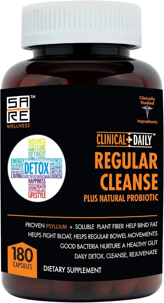Limpieza diaria clínica y probiótico natural - Colon Cleanse & Gut Detox Supplement - Assists with Energy and Constipation Relief - Herbal Dietary Fiber Psyllium Husk Capsules - 180 Count
