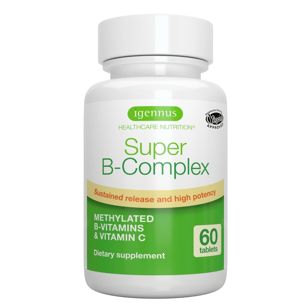 Igennus Super B-Complex Vitaminas Metilcobalamina, Entrega de Nutrientes todo el día, Etiqueta limpia, Suplemento MTHFR con metalfolato &amp; B12 Metilcobalamina, Vegan, Lab Verificado, 60 Tablas pequeñas
