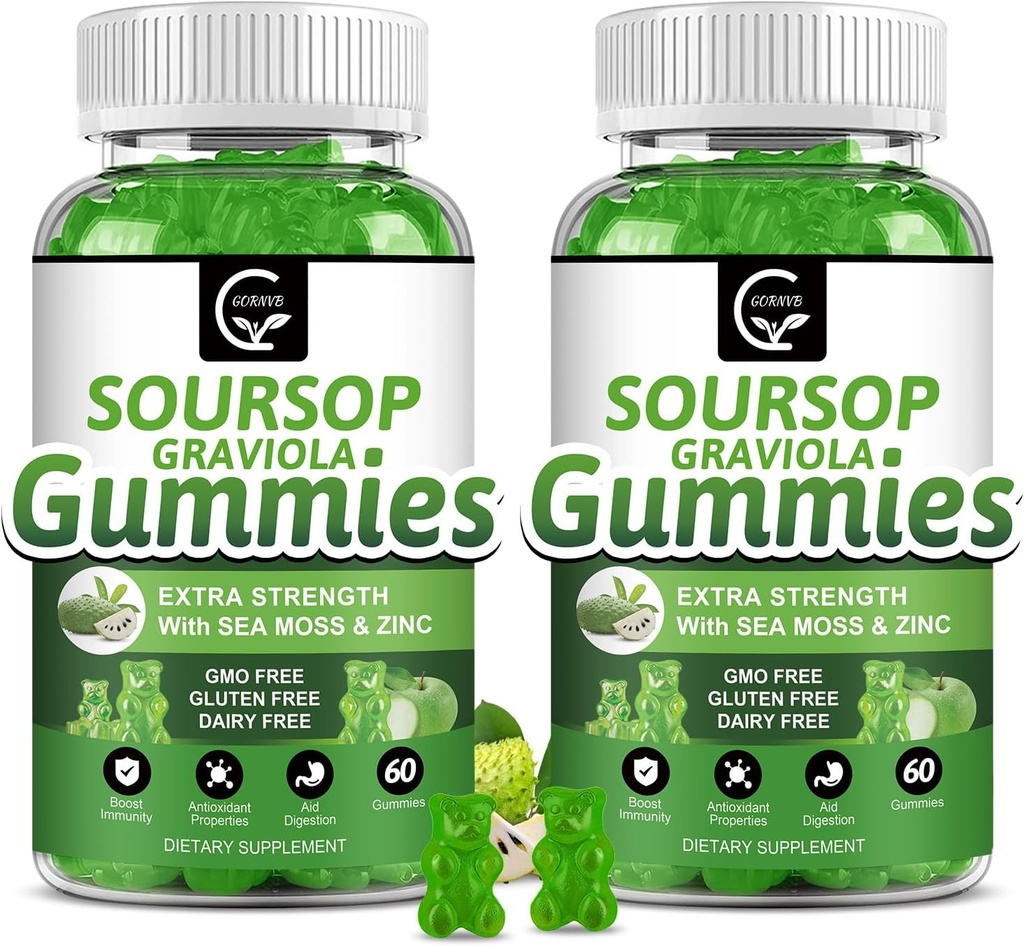 (2 Pack) Soursop Graviola Gummies - 2200mg Extra Strength Soursop Leaves Extract w/Sea Moss Extract 200mg, Zinc &amp; Vitamin C - Supports Immunity, Liver &amp; Digestive, Gluten Free, Vegan, 120 Gummies
