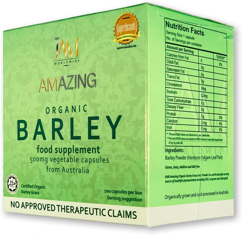 IAM WORLDWIDE Increíble cápsula de cebada orgánica de Australia 100 cápsulas x 500 mg
