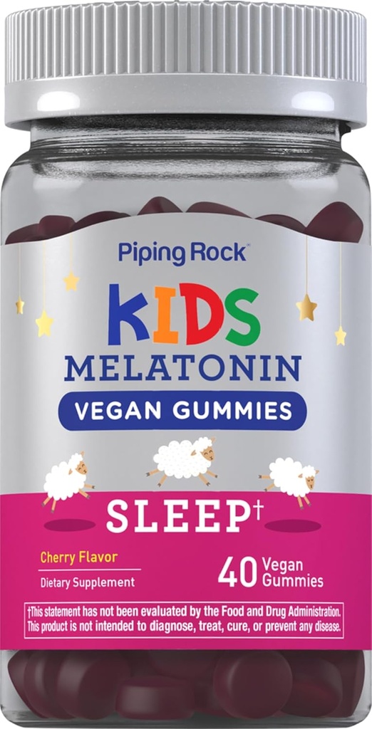 Piping Rock Kids Melatonin Gummy 1mg ← 40 Gummies  durable Cherry Flavor Silencio Vegan, Non-GMO, Gluten Free Supplement