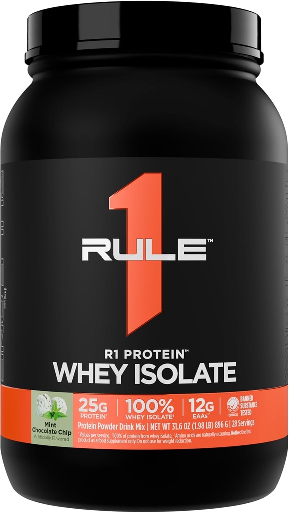 Regla 1 R1 Proteína Whey Isolate - con 25g Protein &amp; 6g BCAA Exclusivamente de Fuentes Hidrolyzed Isoladas para la recuperación de entrenamiento (2 libras*, Mint Chocolate Chip)