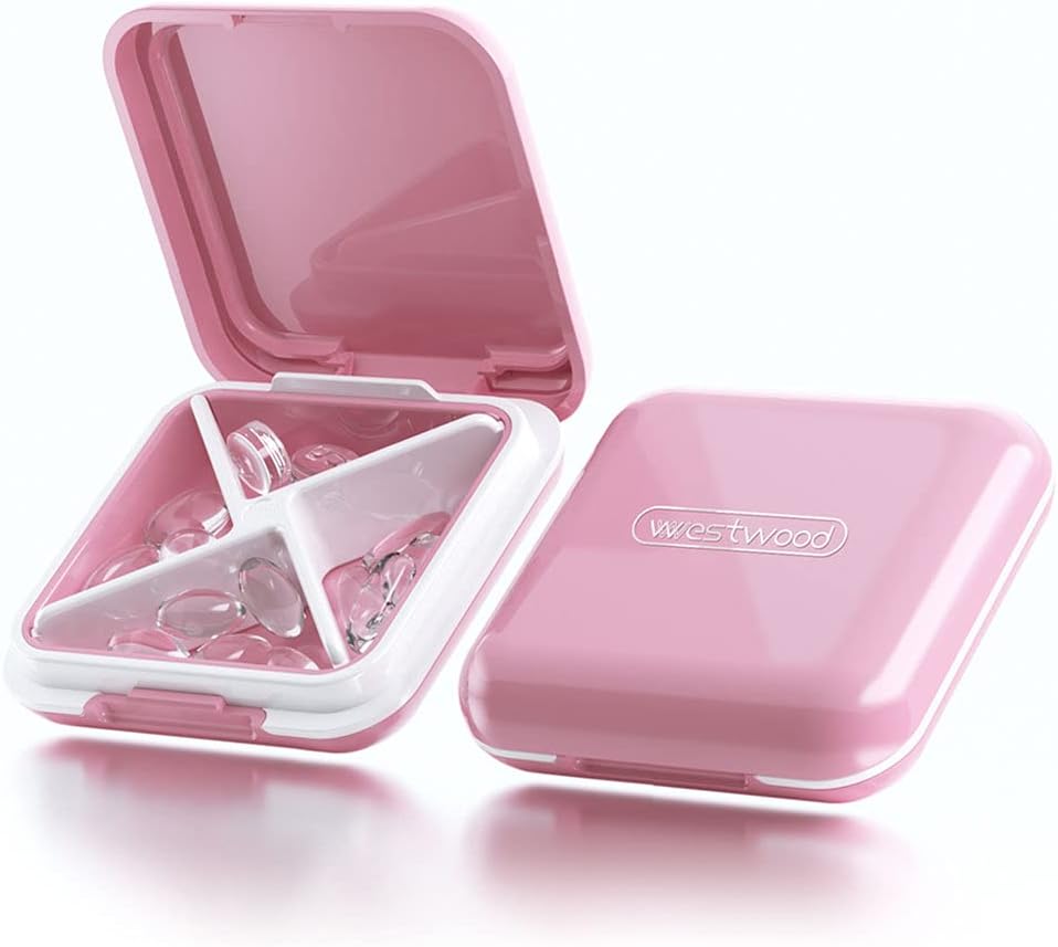 Caja pequeña de píldoras, caja de carga de viaje, Dtouayz Organizador de Medicina Portátil, dispensador de vitaminas y medicamentos, Cute Daily Pill Holder for Purse o Pocket, impermeable de agua 4 Container Pink