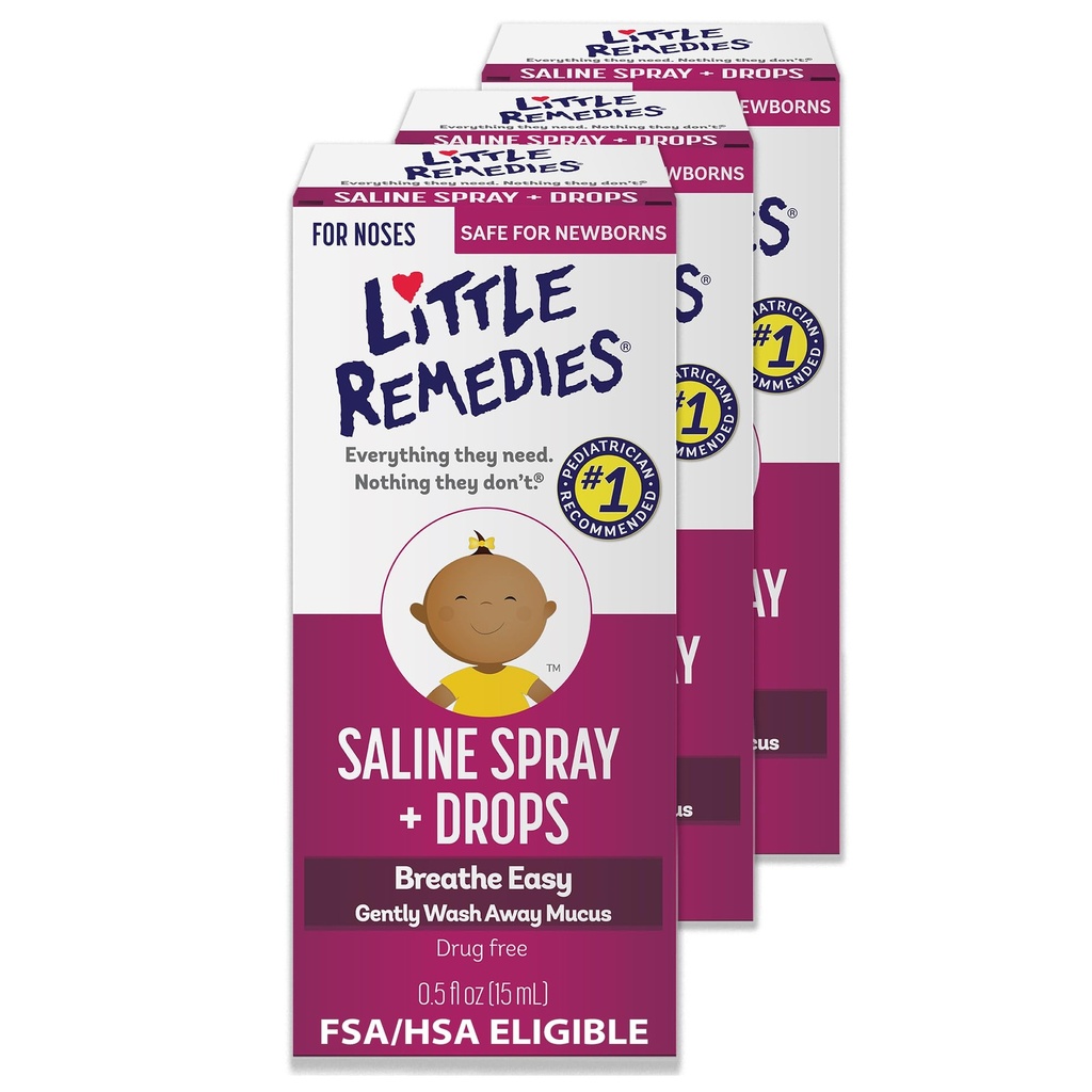 Remedios pequeños Sterile Baby Saline Nasal Spray y gotas, seguro para los recién nacidos para aliviar las náuseas suaves y secas, 0,5 Fl Oz, Pack de 3