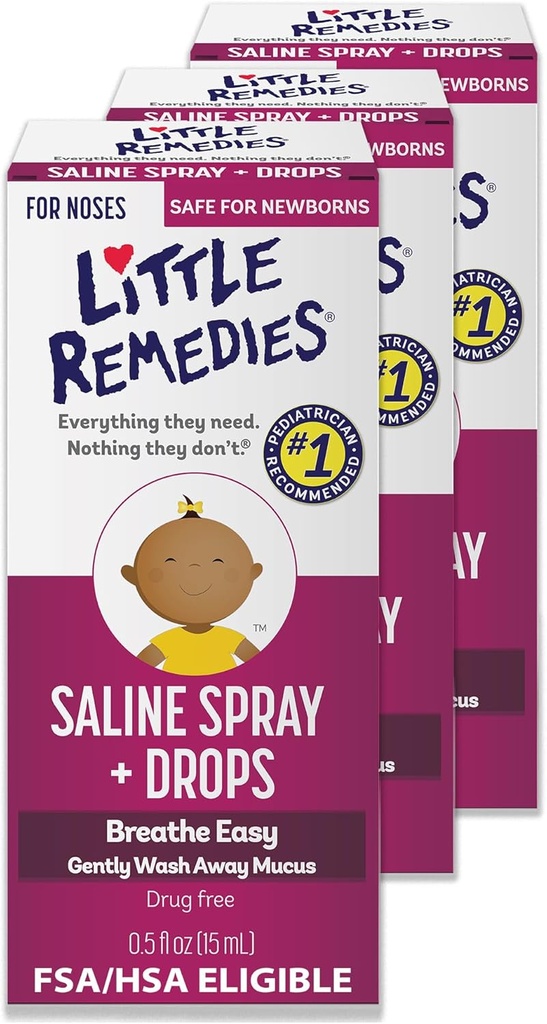 Remedios pequeños Sterile Baby Saline Nasal Spray y gotas, seguro para los recién nacidos para aliviar las náuseas suaves y secas, 0,5 Fl Oz, Pack de 3