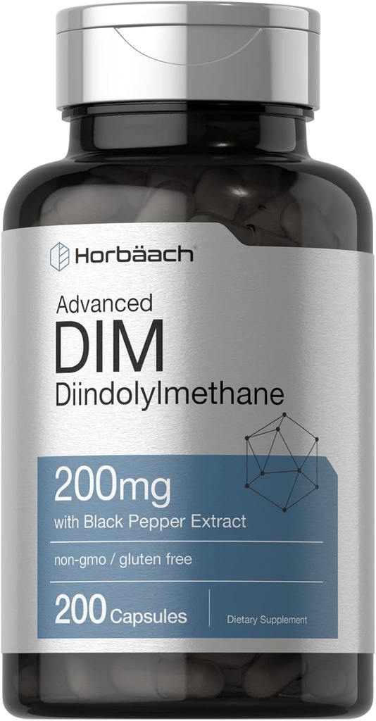 Horbäach DIM Supplement for Women and Men | 200mg | 200 Capsules | Advanced Diindolylmethane | with Black Pepper Extract | Non-GMO, Gluten Free