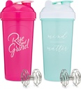 [2 Pack] 28-Once Shaker Bottle with Motivational Quotes (Pink & Mint/White) Silencio Shaker Cup Set with Mixer Agitators ← Blender Shaker Bottle for Protein Mixes Pack es BPA Gratis y Dishwasher Safe