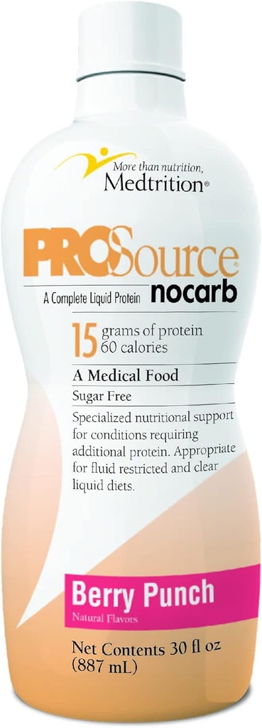 Péptidos de Collagen líquido Tipo I, III 15 Grams Protein per Oz. ←Prosource NoCarb Berry Punch Bottle Medtrition