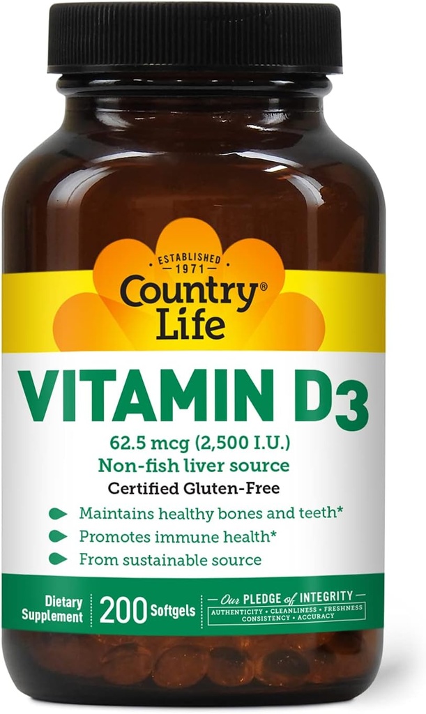 La vida del país Vitamina D3 2500 UI – Degradada no fish, Vitamina D3 de alta potencia para la fuerza de hueso, soporte inmunitario " Absorción de calcio – libre de gluten certificado, 200 Softgels