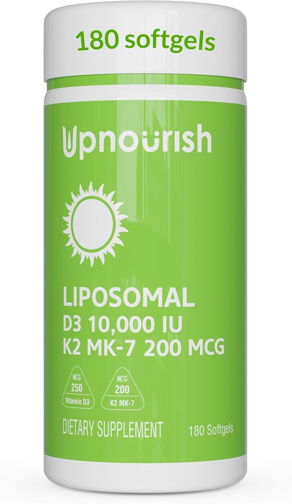 UpLiposomal nourco D3 K2 Vitamina 10000 UI D3 y K2 MK-7 200 mcg - 180 Vitamina D3 k2 (Vitamina D3 con K2) Mini Softgels - Fácil de absorber K2 D3 Vitamina