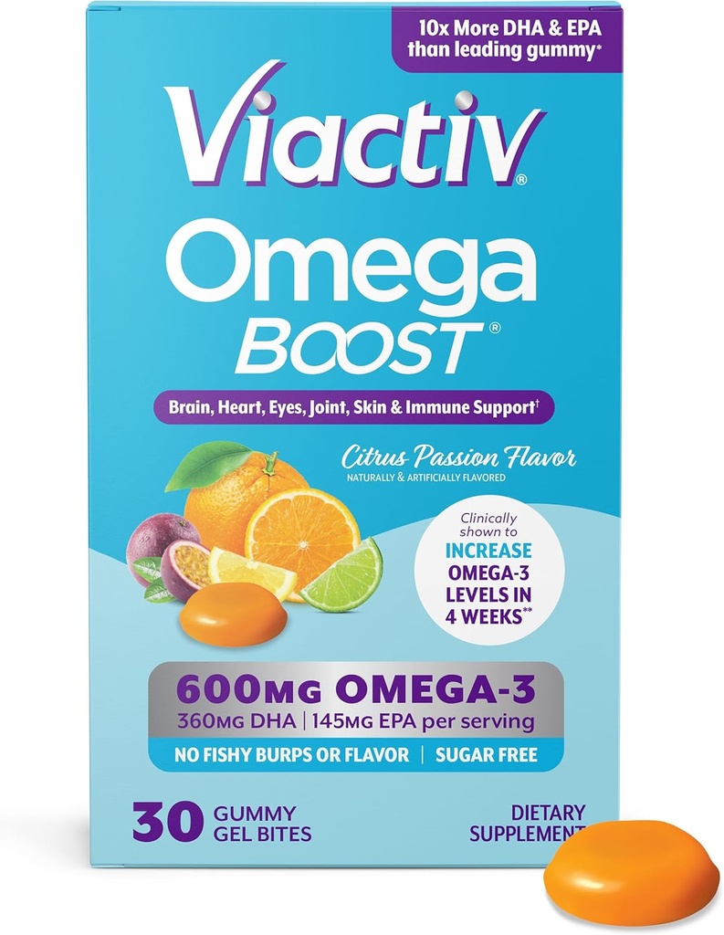Viactiv Omega 3 Fish Oil Gummies. EPA DHA Suplemento para la salud cardíaca y la salud cerebral, 30 vitaminas de goma libre de azúcar, 1pc