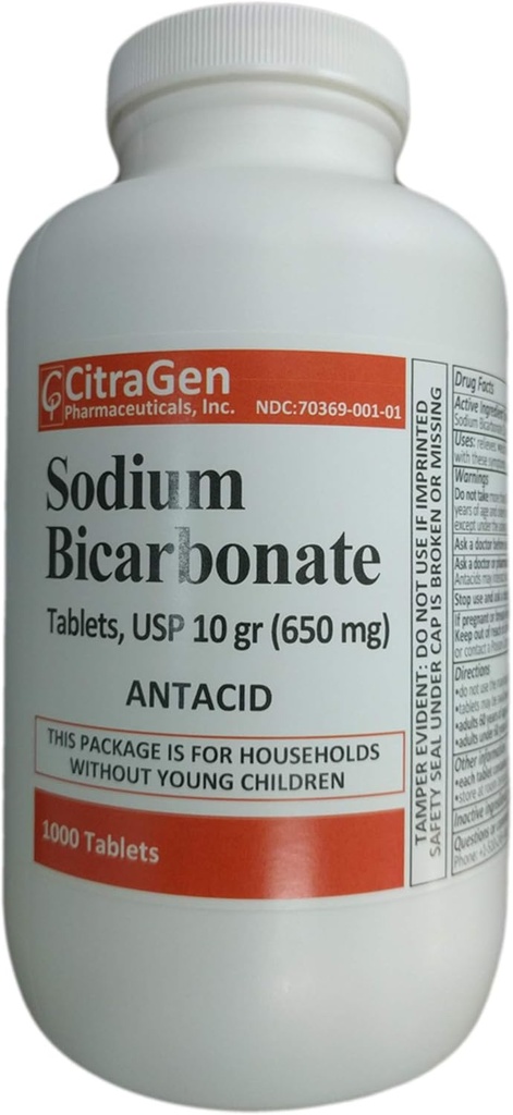 Tablas de bicarbonato de sodio USP 650 mg (10 grados) para el alivio de la indigestión de ácido, acidez, estomacal de azufre &amp; estómago de azufre 1000 Tablas por botella de CitraGen Pharmaceuticals Inc
