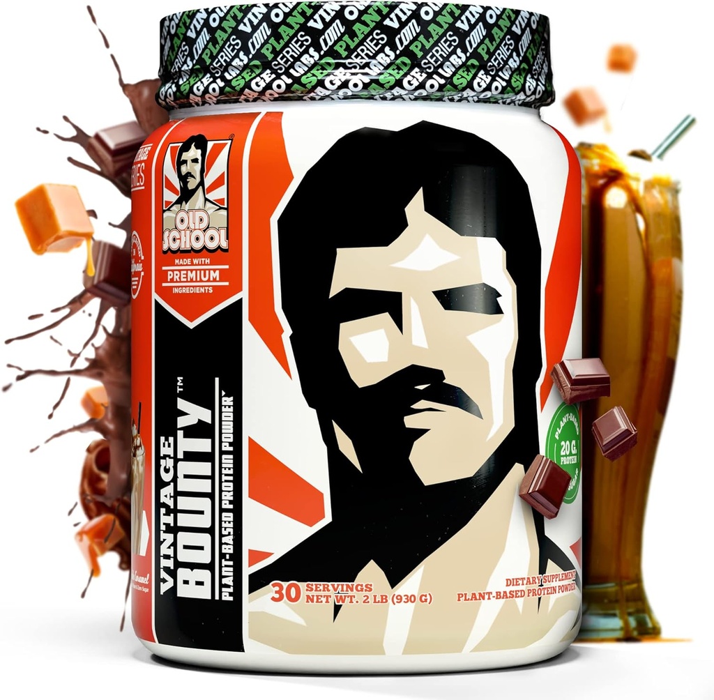 Bounty Vintage - Polvo de proteína vegetal Vegan, Post-Workout & Recuperación – Pea, arroz integral, semilla de calabaza &amp; Proteína de semillas de girasol – sabor de chocolate delicioso Smooth Flavor Caramel, 2 libras.