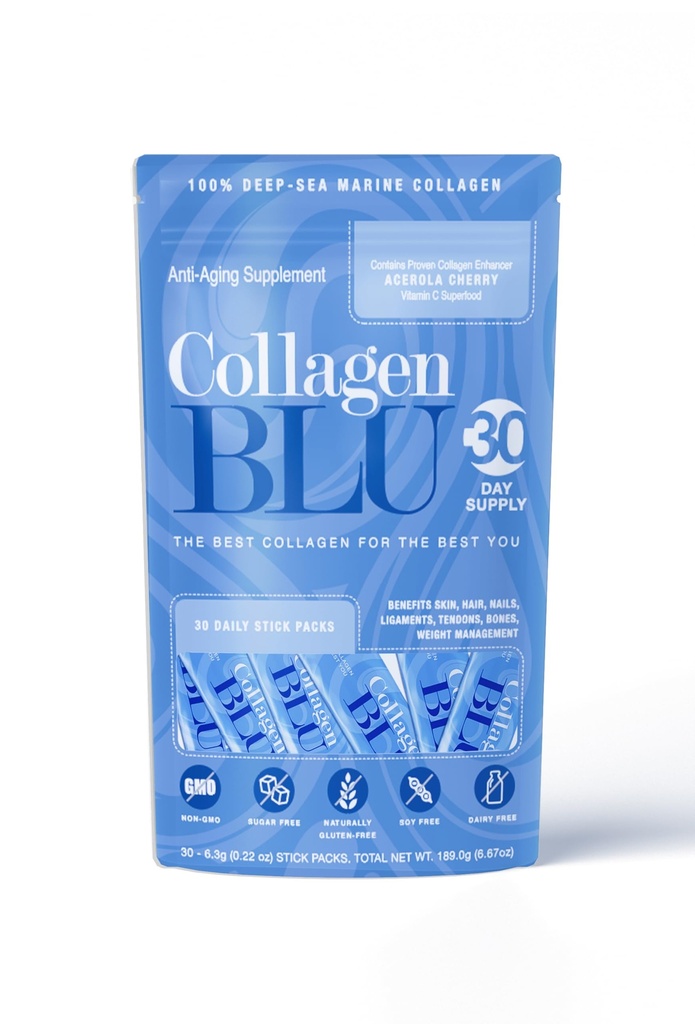 Collagen BLU Premium Marine Collagen with Superfood Derived Vitamin C for Best Absorption, Tipo 1 y 3, Non-GMO, Paleo & Keto Friendly, 30 Stick Packs