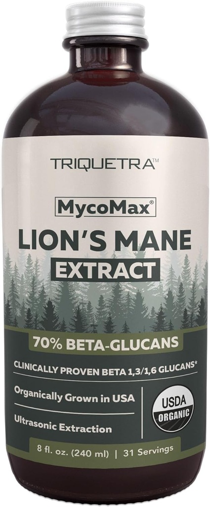MycoMax Lions Mane Extract - 70% Beta Glucans, Max Potency Organic Lions Mane Supplement, US Grown + Extracción Ultrasónica - 500 mg por porción - Claridad Mental, Focus and Memory - 8 oz.
