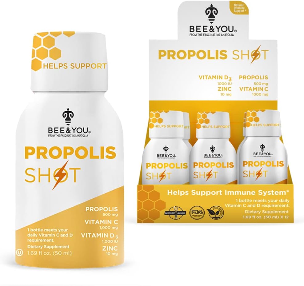 BEE y You Immune Soporte 100% Natural Propolis Shot Suplemento, Antioxidantes, Vitamina C, VIT D3, Zinc, Orange Juice, Raw Honey, 1.69 fl. oz x 12 Botellas