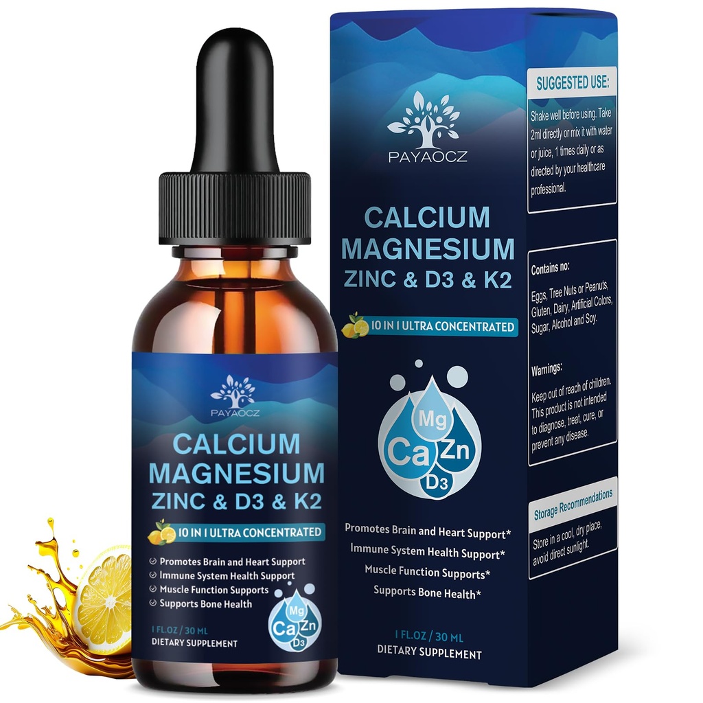 (2 Pack) 10 in 1 Magnesium Calcium Zinc Supplement with Vitamin C D3 K2, Glycinate Mag Vegan Liquid Drops Plus L-Theanine Boron Sea Moss Extract, Immune Support, Bone, Sleep & Leg Cramps, 1 Fl Oz