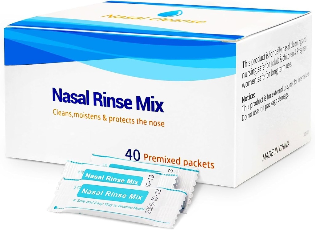 40 Paquetes de Saline Pre-Mixed Sinus Rinse para Neti Pots y Nasal Irrigation Systems, Salt Packets efectivo Sinus Rinse for Allergies & Congestion