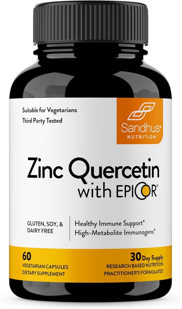 Zinc Quercetin de Sandhu con cápsulas Vegetarianas EpiCor 60 - Suplemento Zinc sin gluten - Apoyo Inmunitario de alta potencia