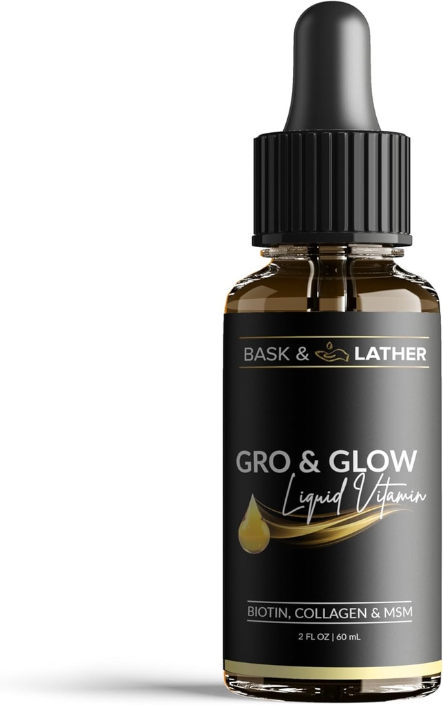 BASK &amp; LATHER GRO & Glow Liquid Vitamin, Liquid Collagen for Women, Natural Ingredients with Collagen, Biotin, Msm, Beauty Supplement, Helps Support Healthy Hair, Skin & Nails, Cherry Flavor, 2 FL Oz
