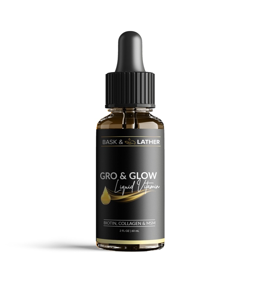 BASK &amp; LATHER GRO & Glow Liquid Vitamin, Liquid Collagen for Women, Natural Ingredients with Collagen, Biotin, Msm, Beauty Supplement, Helps Support Healthy Hair, Skin & Nails, Cherry Flavor, 2 FL Oz