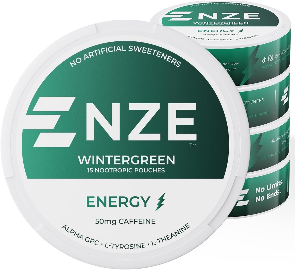 NZE Caffeine Nootropic Pouches (Wintergreen) - Energy Pouches with 50mg Caffeine, Alpha GPC, L-Tyrosine &amp; L-Theanine with No Sugar or Artificial Sweeteners - 15 Pouches Per Can - 5 Pack
