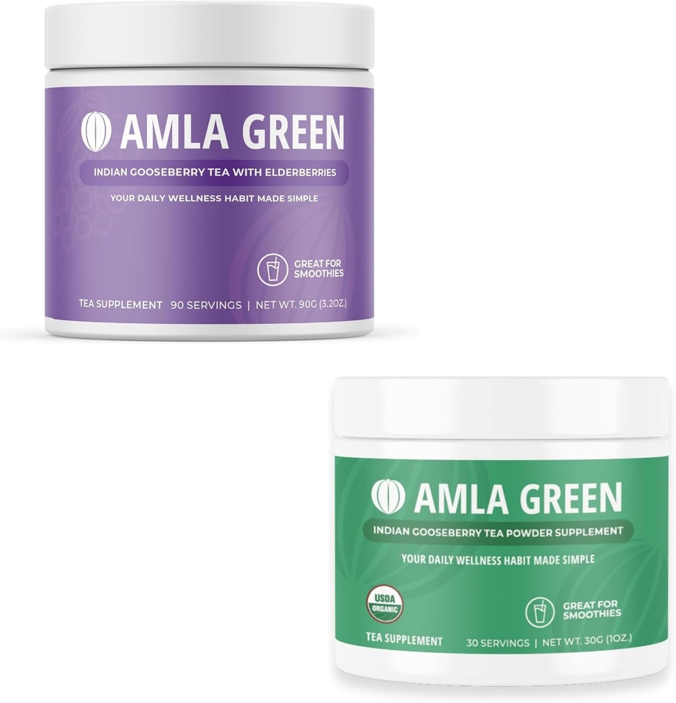 Amla Powder " Green Tea Superfood Supplement, Antioxidant Support, Made with Elderberries (90 Servings) " Indian Gooseberries (30 Servings), Organic, Vegan
