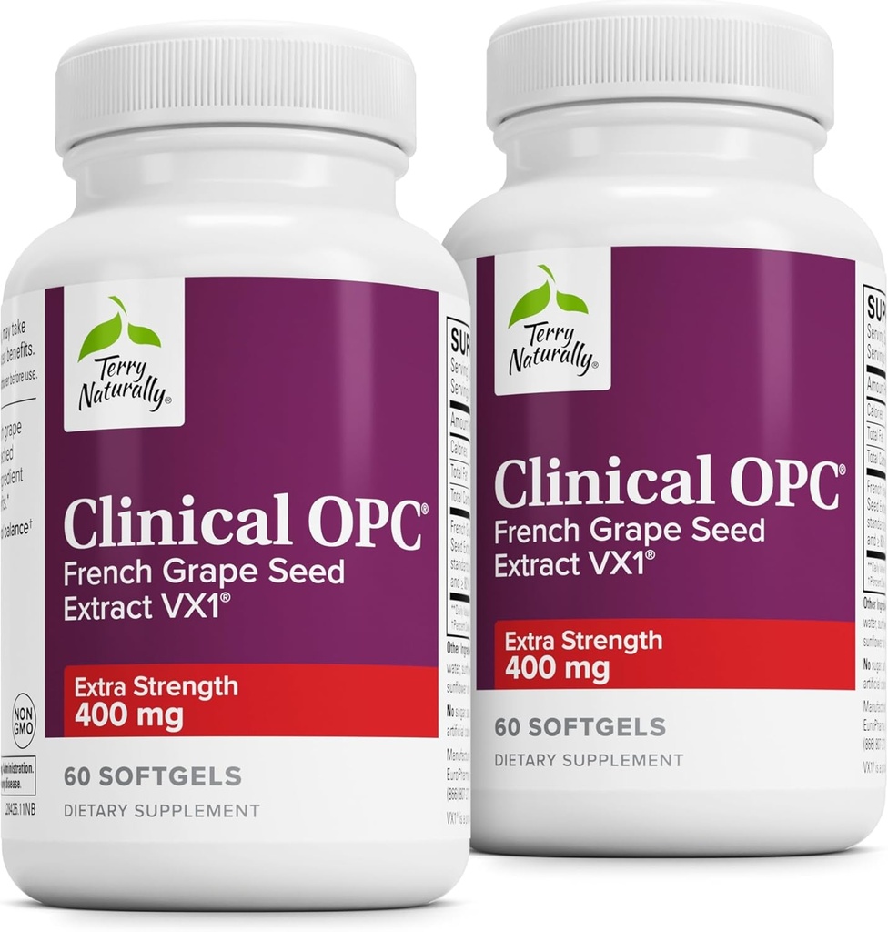 Terry Naturalmente Clínica OPC Extra Strength - Cardiovascular Health & Focus Support - Suplemento con Grape Seed Extract - Immune Support Supplement - 60 Softgels (Pack of 2)