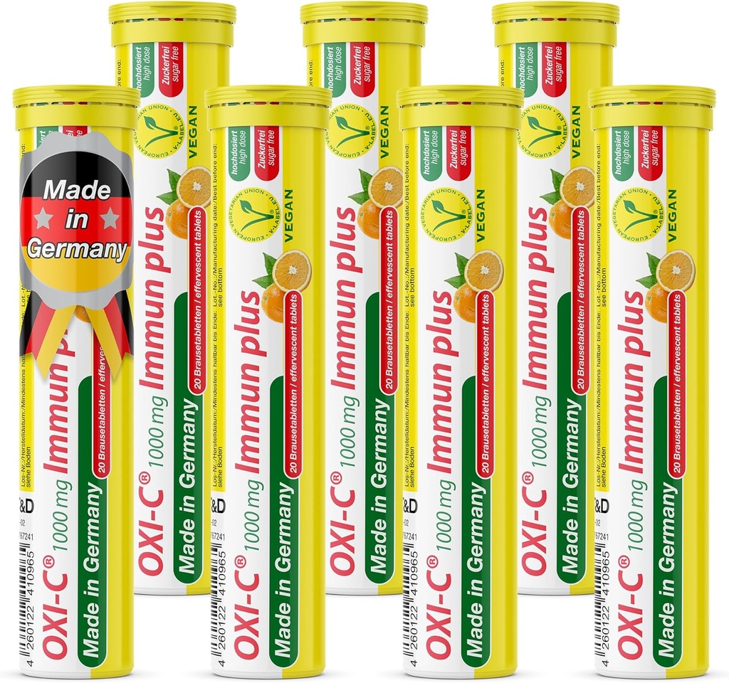 Oxi C 1000 mg Vitamina C - 140 Tablas de Efervescente de Bebida Vegan - Sabor Naranja - Hecho en Alemania