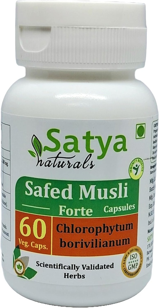 Safed Musli Forte Capsules 500 mg. 60 Veg. Capsule ← Safed Musli (Chlorophytum Arundinaceum) Extracto Cápsulas para Hombres y mujeres ← Ayurvedic Herbal Suplemento/Remedios (1 Botella de 60 cápsulas)