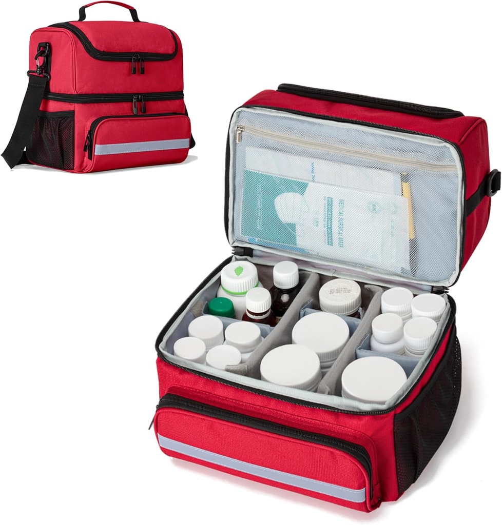 CURMIO doble capas bolsa de almacenamiento de medicamentos, bolsa de organizador de botellas con divisores internos, bolsa de viaje de medicamentos para vitaminas, suplementos, botellas de prescripción, suministros médicos, rojo (diseño de patentes)