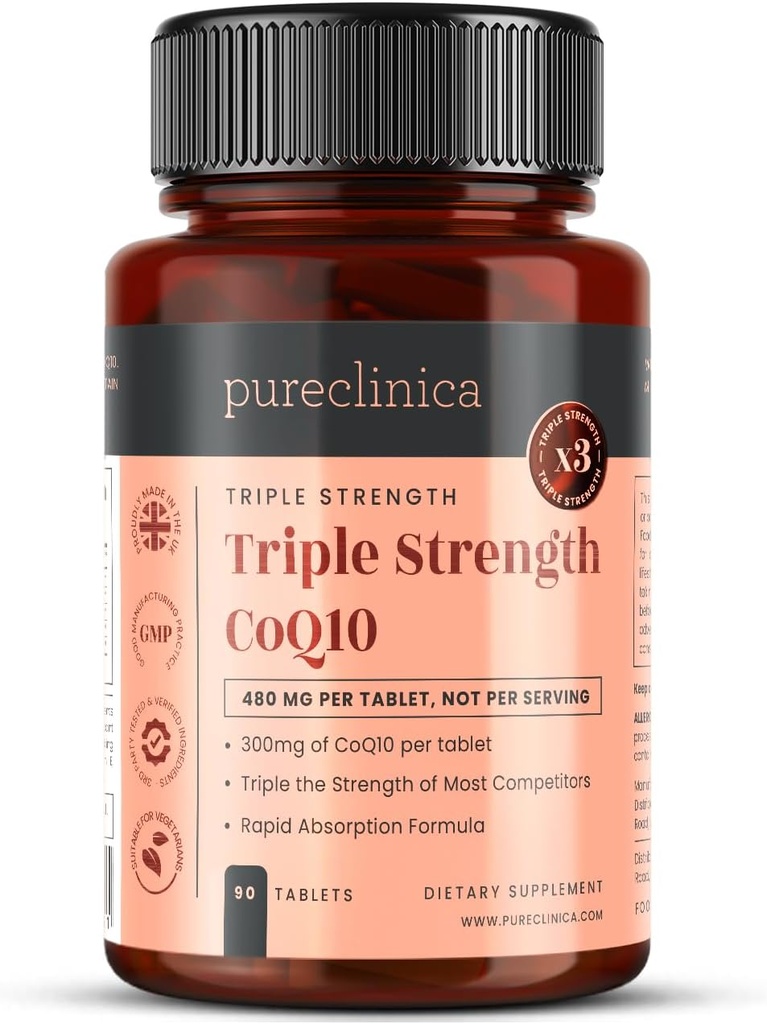 pureclinica Fermented CoQ10 300mg x 90 Tablets. No GMO, grado USP. con adición de vitamina C y extracto de cobre negro para la absorción.