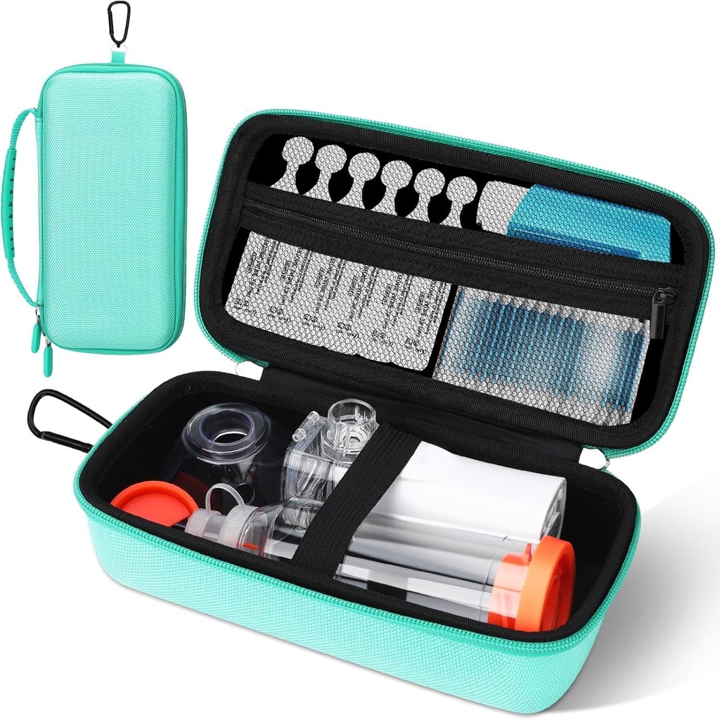 Asma Inhaler Case, Portable Nebulizer Organizer, Travel-Ready with Mesh Pocket, Double Zippers, Silicone Handle, Kids and Adults, Stylish Green