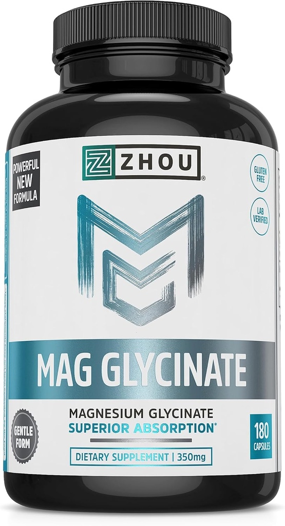 Zhou Magnesium Glycinate - Pure Mag Glycenate Supplement for Men & Women, Natural Sleep Aid, Heart Health Support, Muscle Relaxation & Vitality - 180 Vegan Friendly Capsules