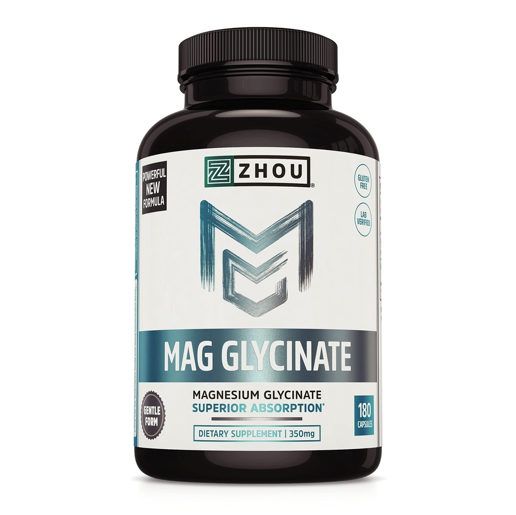 Zhou Magnesium Glycinate - Puro Mag Glycenate Suplemento para Hombres &amp; Mujeres, Asistencia Natural para el Sueño, Apoyo a la Salud del Corazón, Relajación muscular " Vitality - 180 Vegan Friendly Capsules