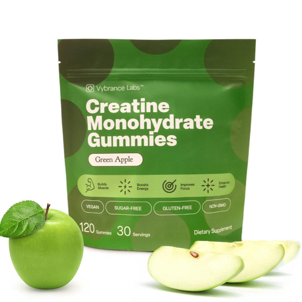 Cretina Gummies 5g Monohydrate + Taurine & B12 - Libre de azúcar, Vegan, Libre de gluten - Manzana Verde - 120 Conteo (30 Serviciones) para Fuerza, Energía & Focus