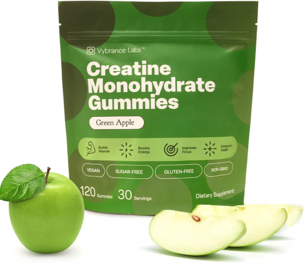 Cretina Gummies 5g Monohydrate + Taurine & B12 - Libre de azúcar, Vegan, Libre de gluten - Manzana Verde - 120 Conteo (30 Serviciones) para Fuerza, Energía & Focus