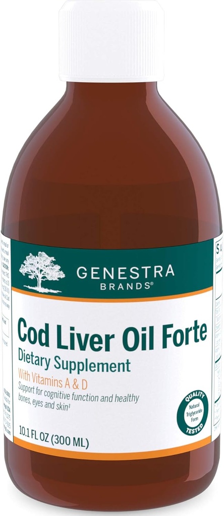 Genestra Marcas Cod Liver Oil Forte ← Vitamina + suplemento de ácido graso esencial tención 10.1 fl. oz.