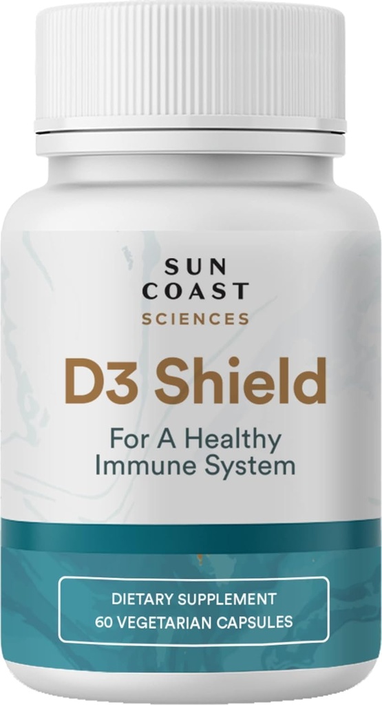 Sun Coast Sciences D3 Shield - Vitamina D3 5000 UI para Immune Support and Bone Health 60 Vegetarian Capsules K2 con 180 mg Calcium Carbonate Maximum Absorption