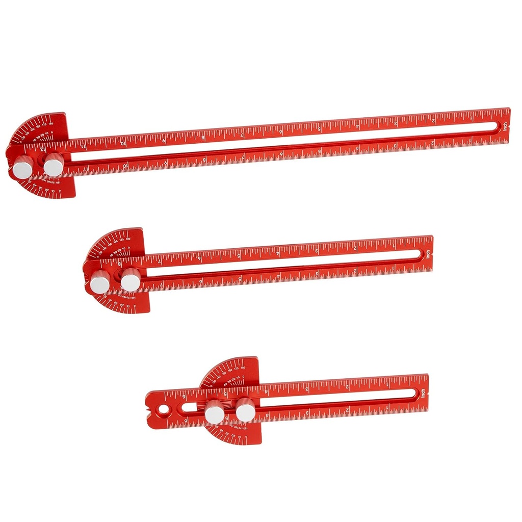 Regla de trabajo de madera, TOURACE 3Pcs Precision Pocket Ruler Metal Regla Herramientas de trabajo de madera T Metro/Inch Reglas portátiles con Protractor Angle Finder(6/8/12 Inch)