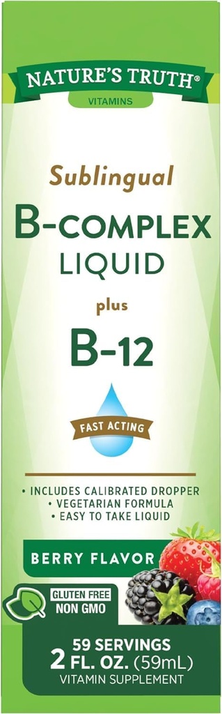 Verdad Sublingual B Complejo Liquid Plus B-12 Natural Berry Flavor Liquid - 2 oz, Pack de 2