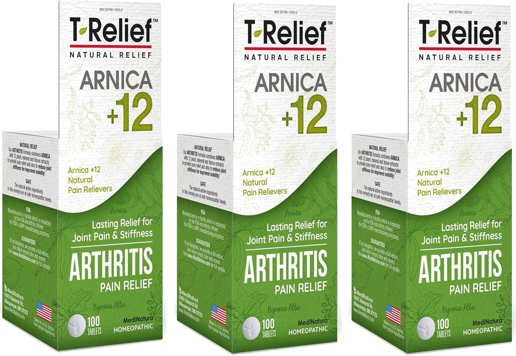 T-Relief Extra Strength Artritis Dolor Alivio del Dolor Arnica +12 Medicinas Naturales para el Estrangulamiento de la Soreness, Alivio del Dolor de Disolución Rápida para Hombres - 100 Tabletas (Pack of 3)