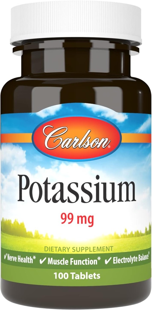 Carlson - Potasio, 99 mg, promueve la función de la salud del nervio, 100 tabletas