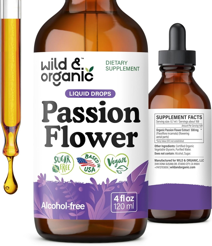 Wild &amp; Organic Passion Flower Tincture - Mood Support - Calming Passionflower Supplement - Passiflora Incarnata Liquid Extract - Vegan, Sugar &amp; Alcohol-Free Herb Drops - 4 fl oz